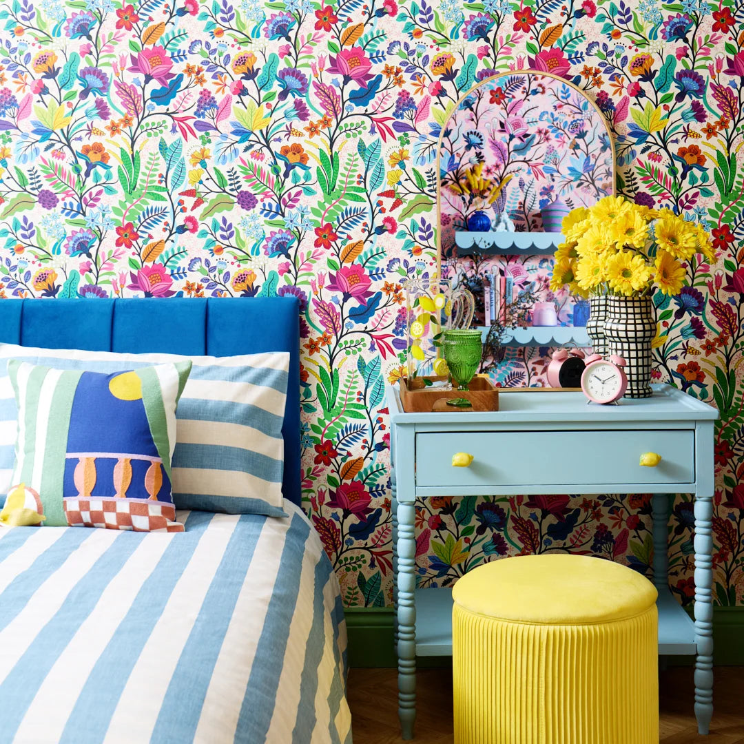 Eclectic Eden Wallpaper in Brights on Vintage Cream
