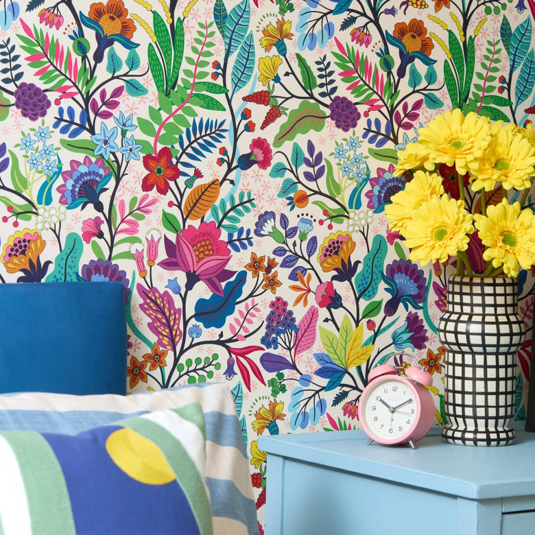 Eclectic Eden Wallpaper in Brights on Vintage Cream