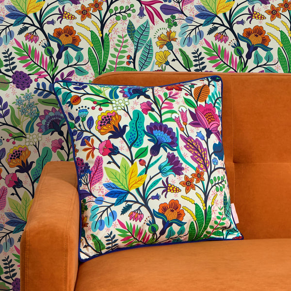 Eclectic Eden Square Cushion in Brights on Vintage Cream
