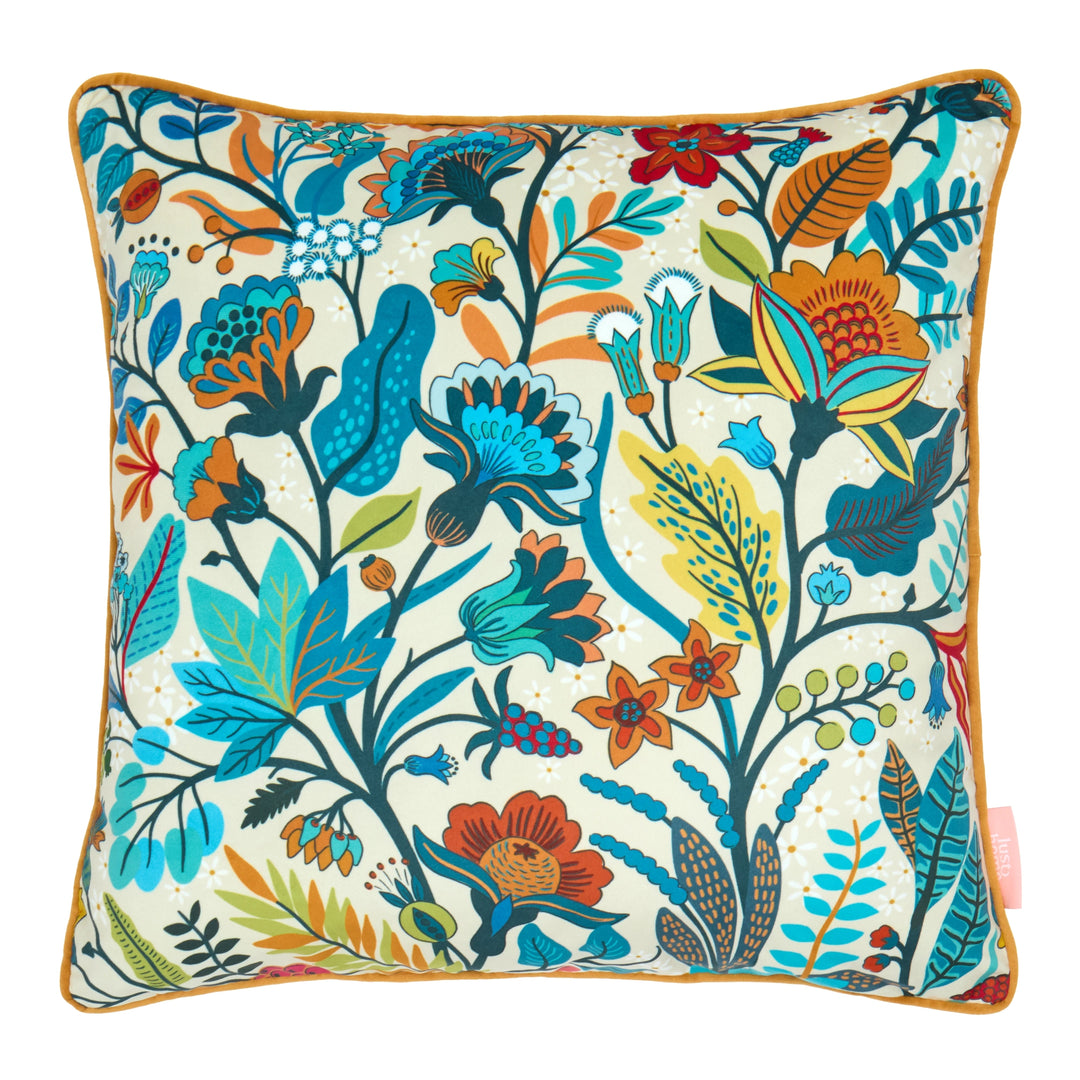 Eclectic Eden Square Cushion in Teal, Tan on Vintage Cream