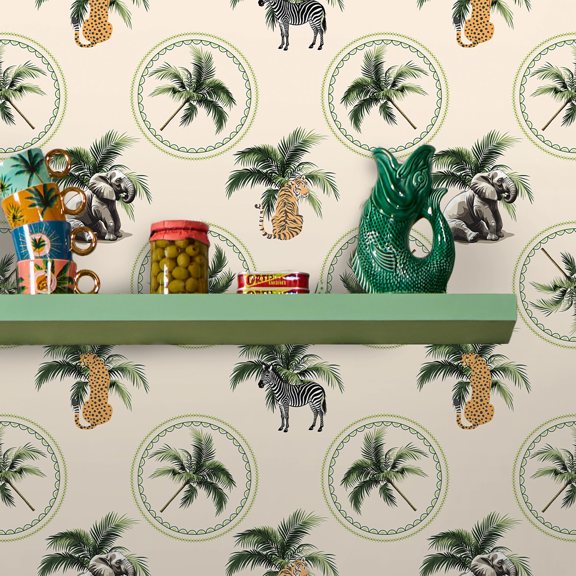 Elephant in the Room Wallpaper in Greens on Cream
