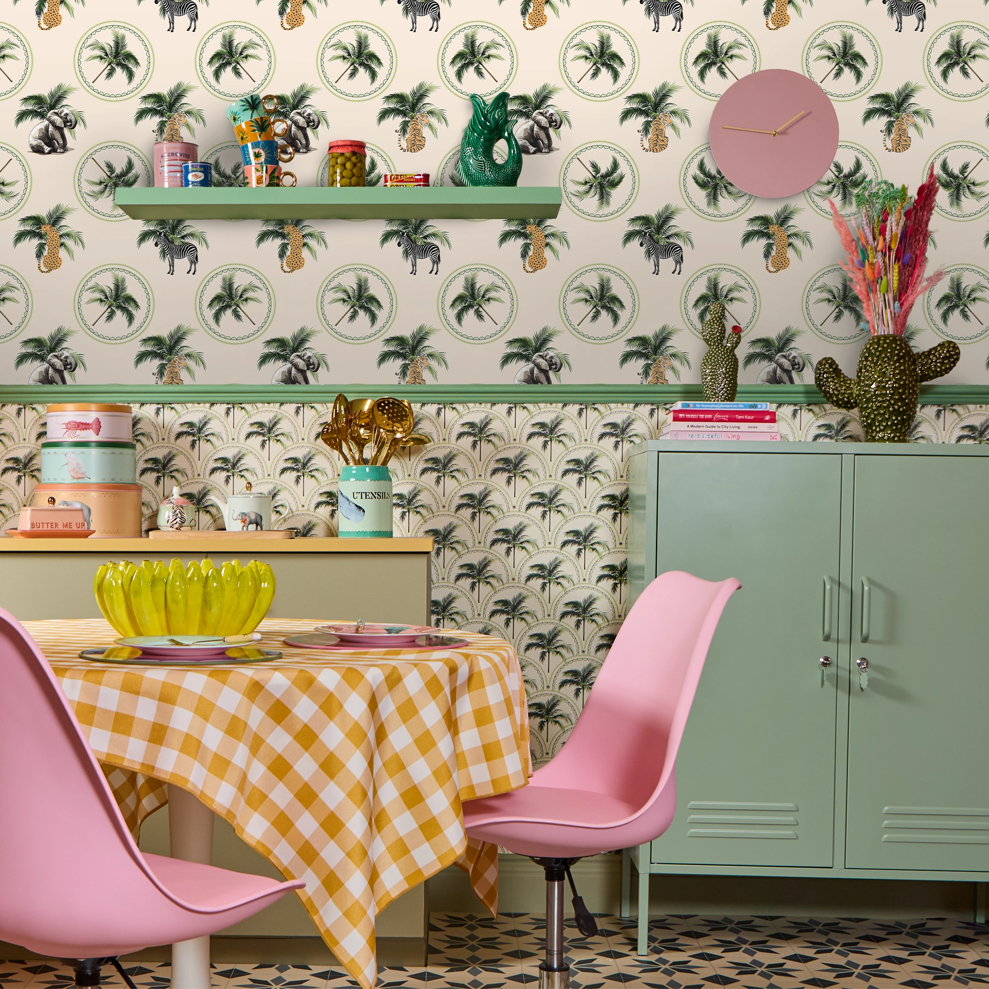 Elephant in the Room Wallpaper in Greens on Cream