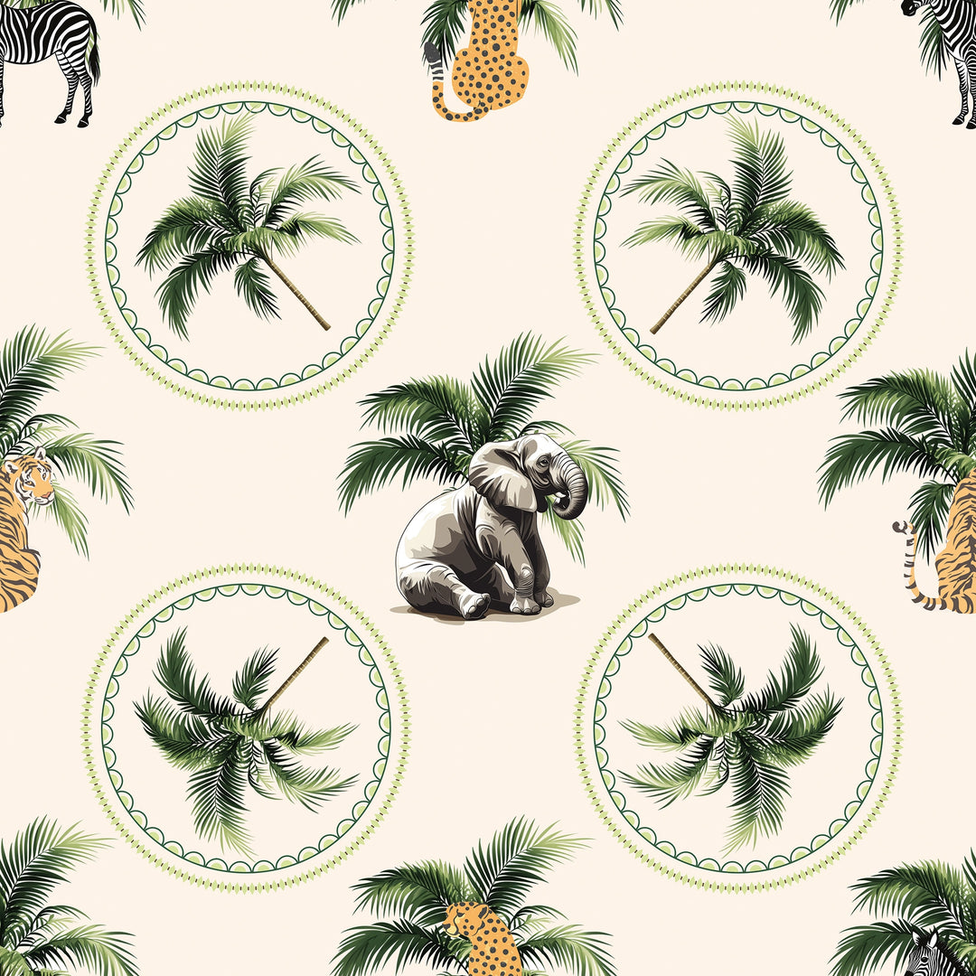 Elephant in the Room Wallpaper in Greens on Cream