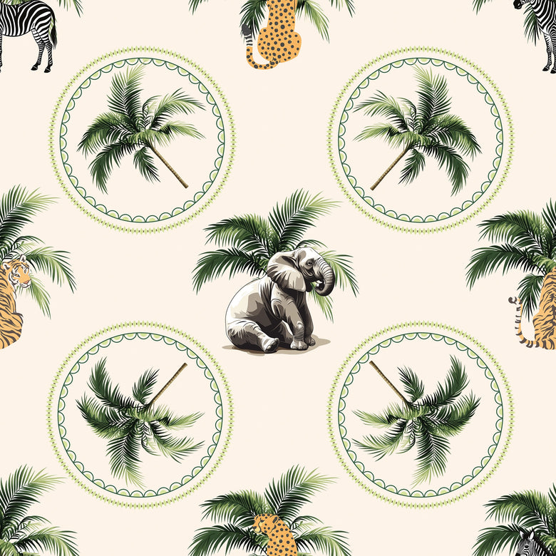 Elephant in the Room Wallpaper in Greens on Cream