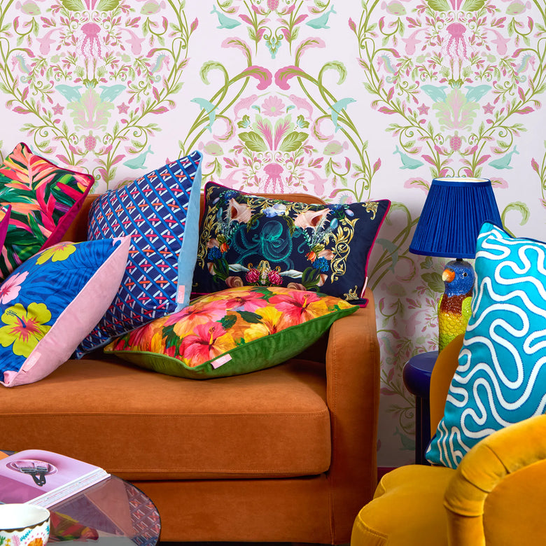 Fantastical Ocean Wallpaper in Pink and Green on Sweet Pink