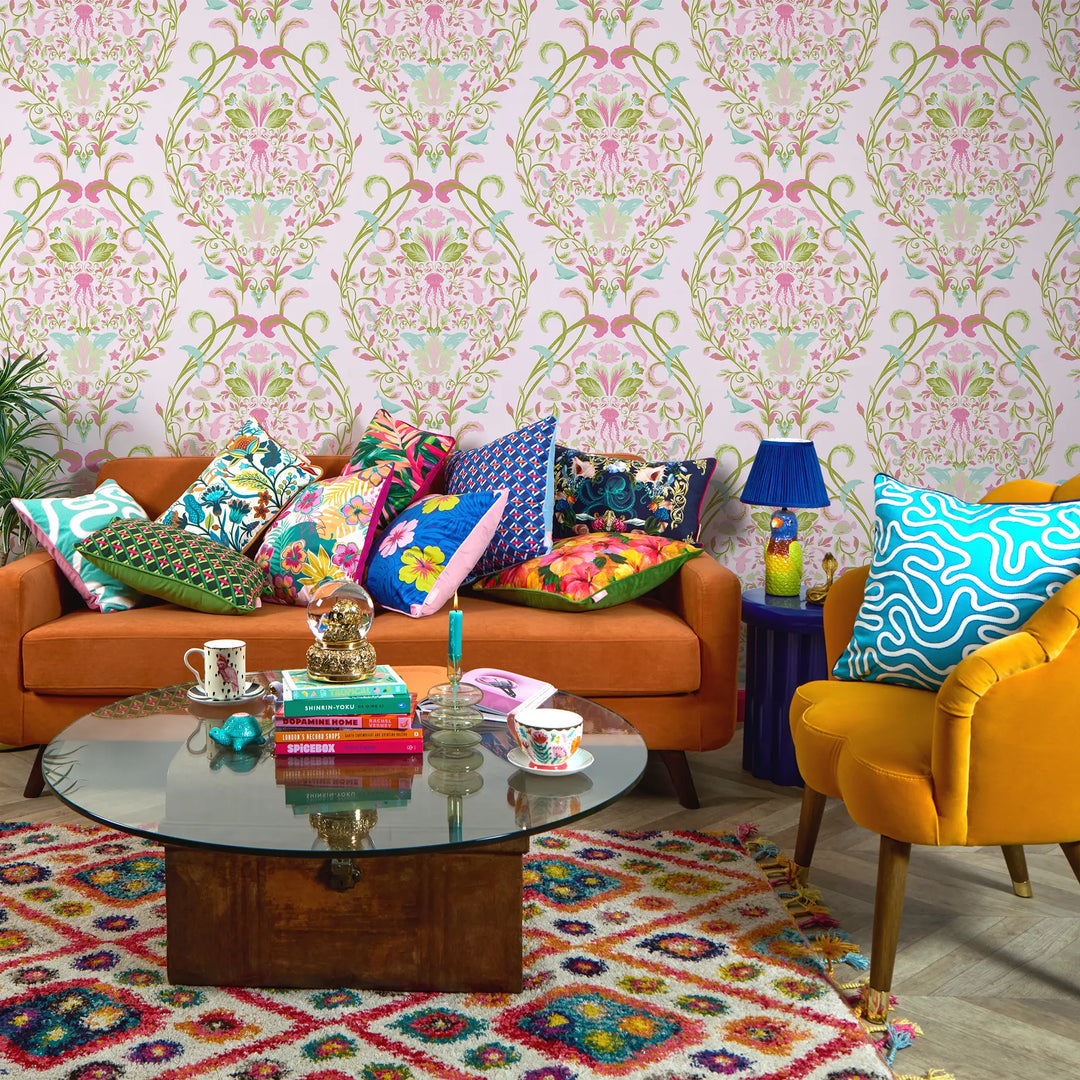 Fantastical Ocean Wallpaper in Pink and Green on Sweet Pink