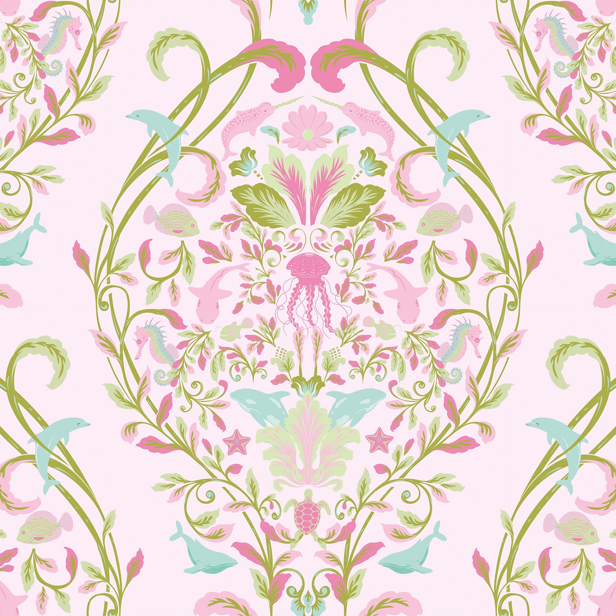 Fantastical Ocean Wallpaper in Pink and Green on Sweet Pink
