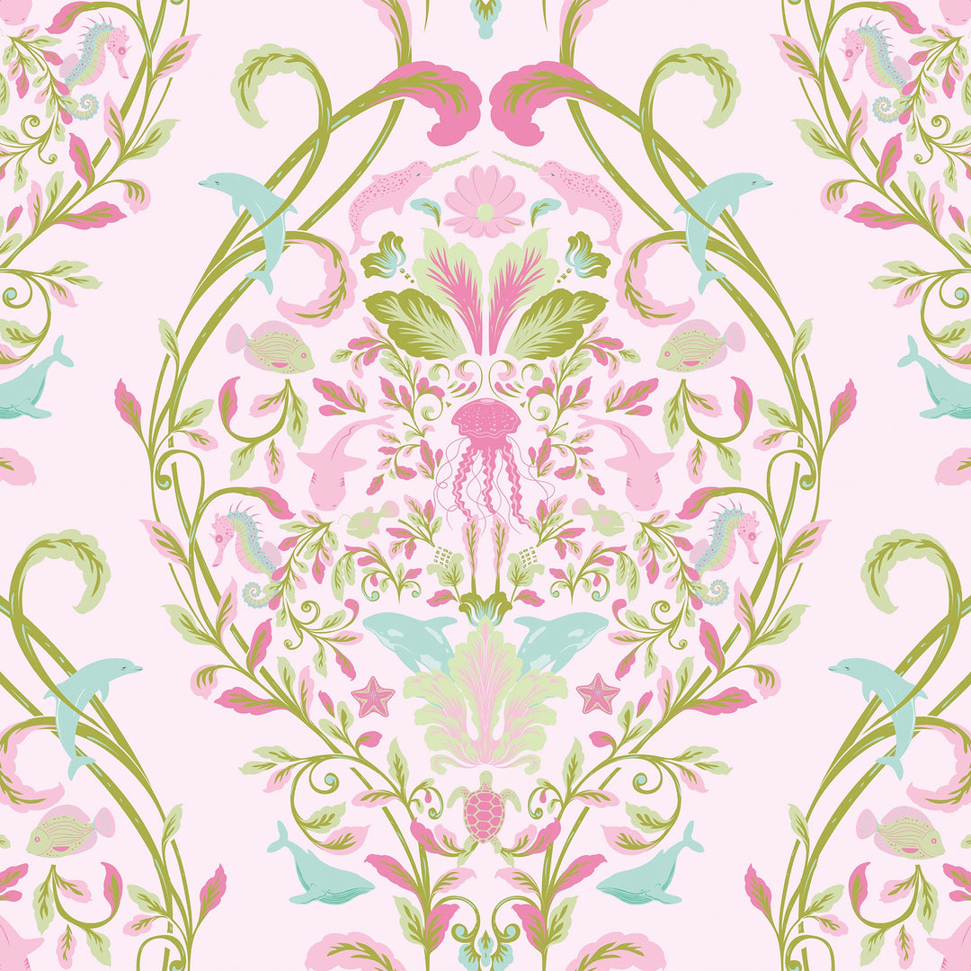 Fantastical Ocean Wallpaper in Pink and Green on Sweet Pink