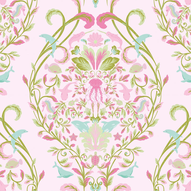 Fantastical Ocean Wallpaper in Pink and Green on Sweet Pink
