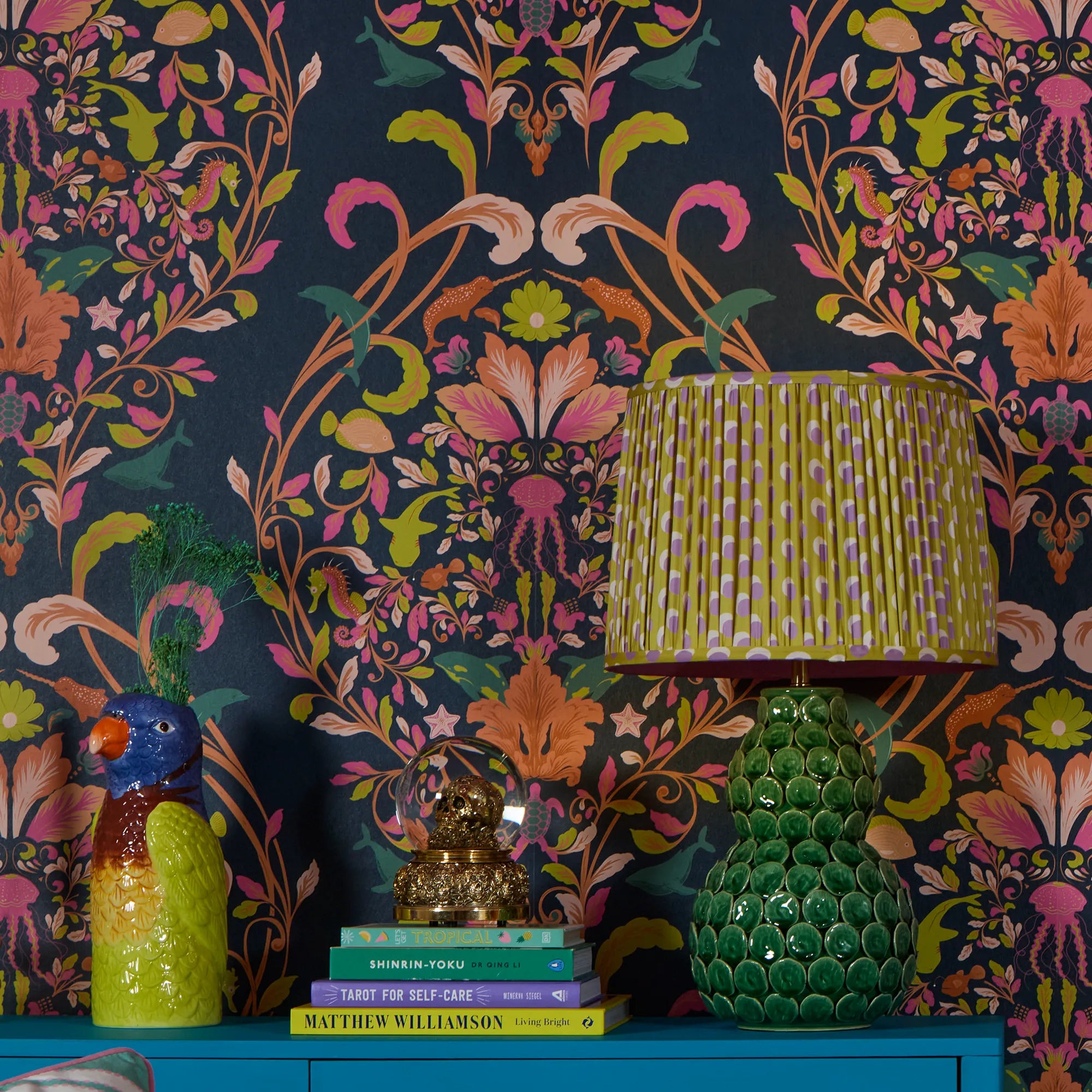 Fantastical Ocean Wallpaper in Raspberry and Orange Fizz on Deep Ocean Navy