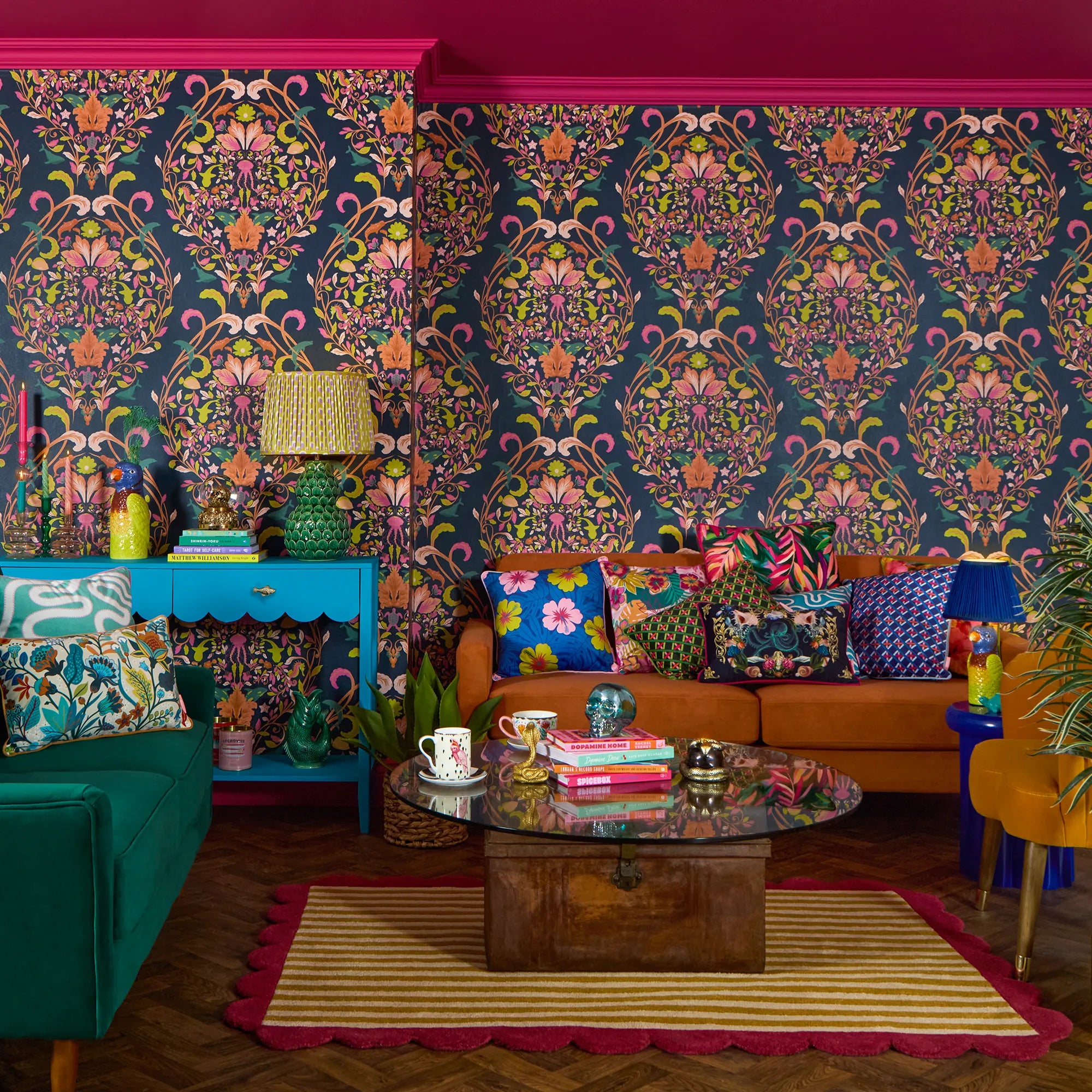 Fantastical Ocean Wallpaper in Raspberry and Orange Fizz on Deep Ocean Navy