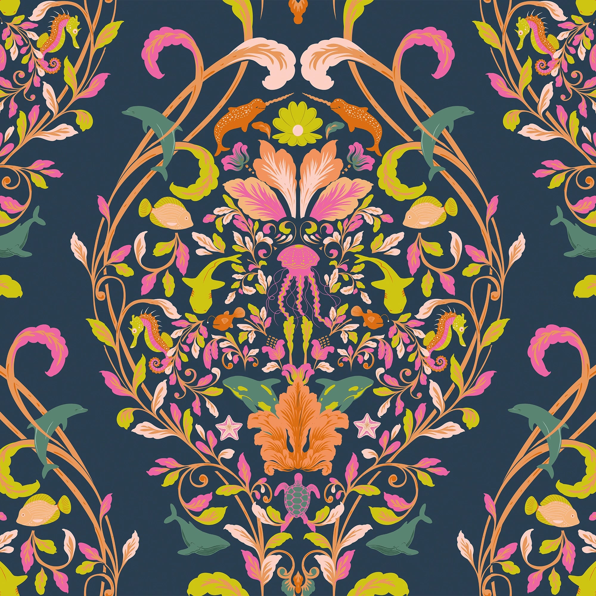 Fantastical Ocean Wallpaper in Raspberry and Orange Fizz on Deep Ocean Navy
