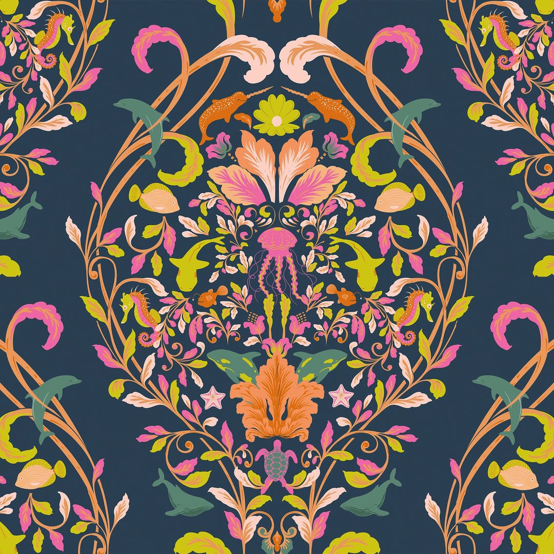 Fantastical Ocean Wallpaper in Raspberry and Orange Fizz on Deep Ocean Navy