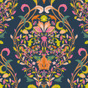 Fantastical Ocean Wallpaper in Raspberry and Orange Fizz on Deep Ocean Navy