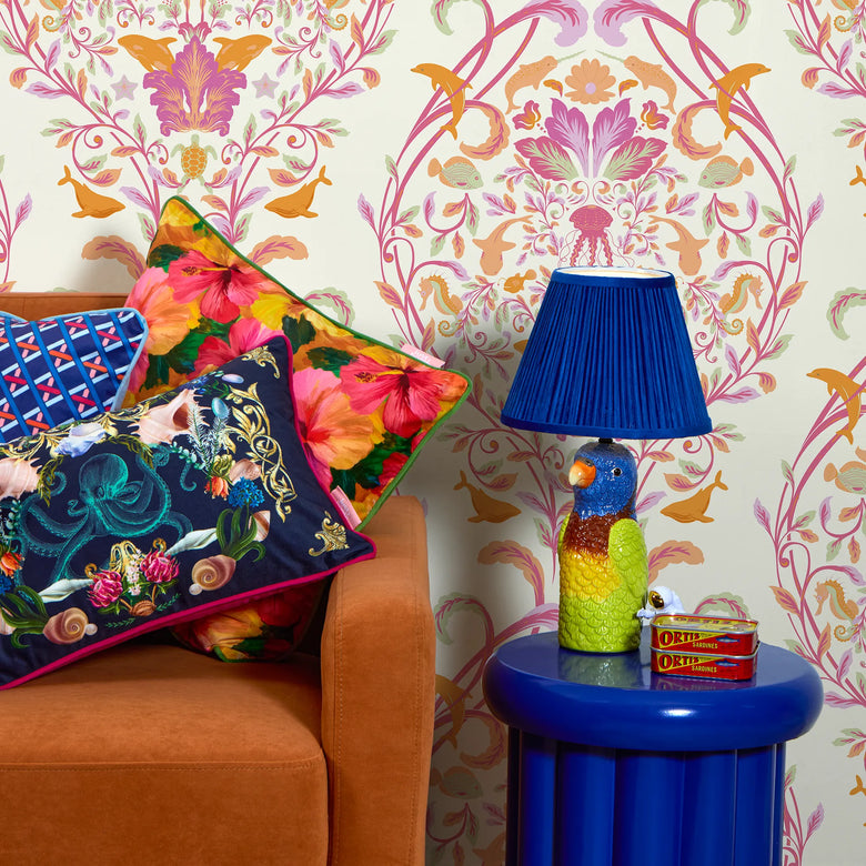 Fantastical Ocean Wallpaper in Raspberry and Orange Fizz on Vintage Cream
