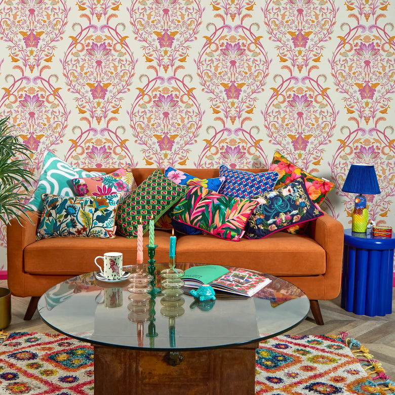 Fantastical Ocean Wallpaper in Raspberry and Orange Fizz on Vintage Cream