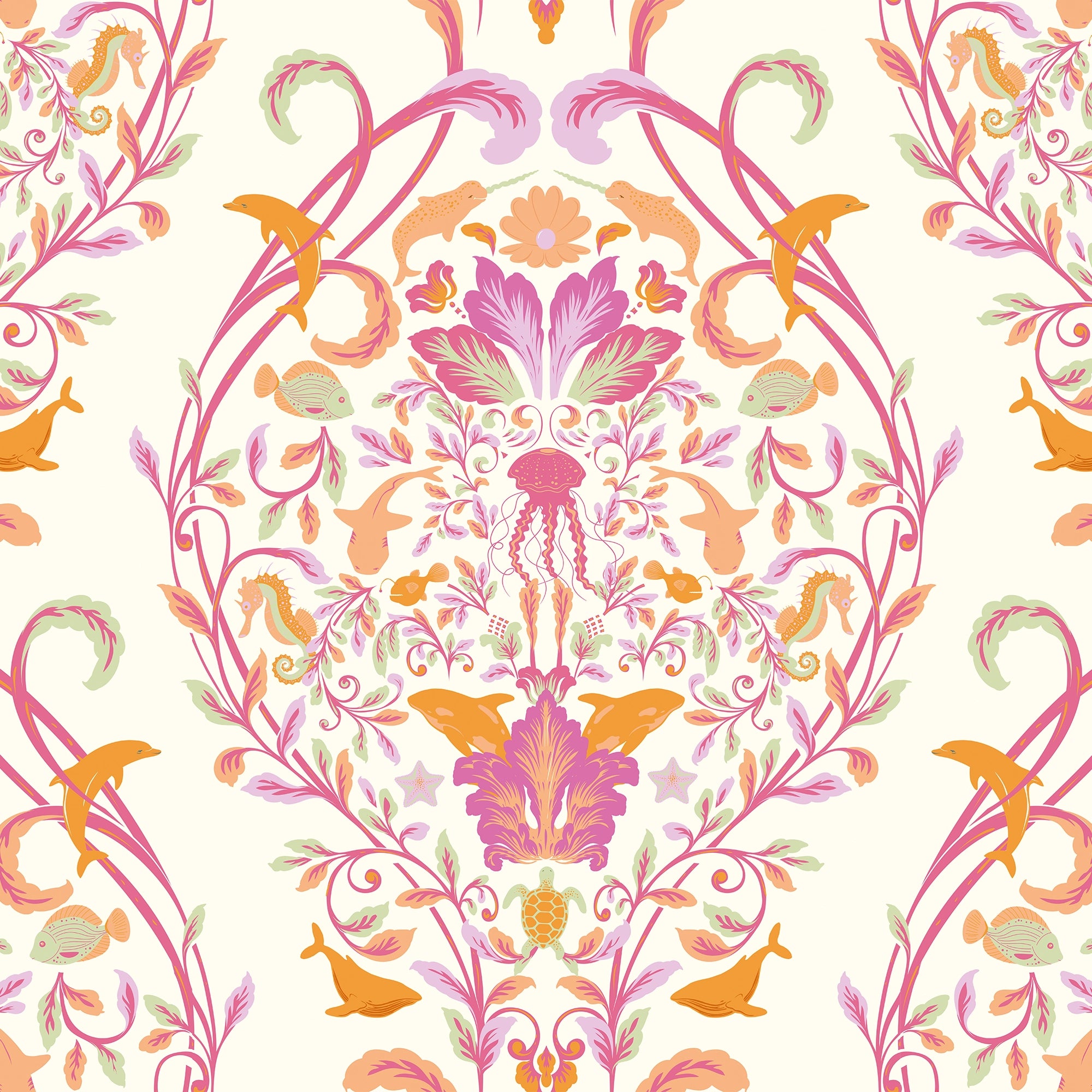 Fantastical Ocean Wallpaper in Raspberry and Orange Fizz on Vintage Cream