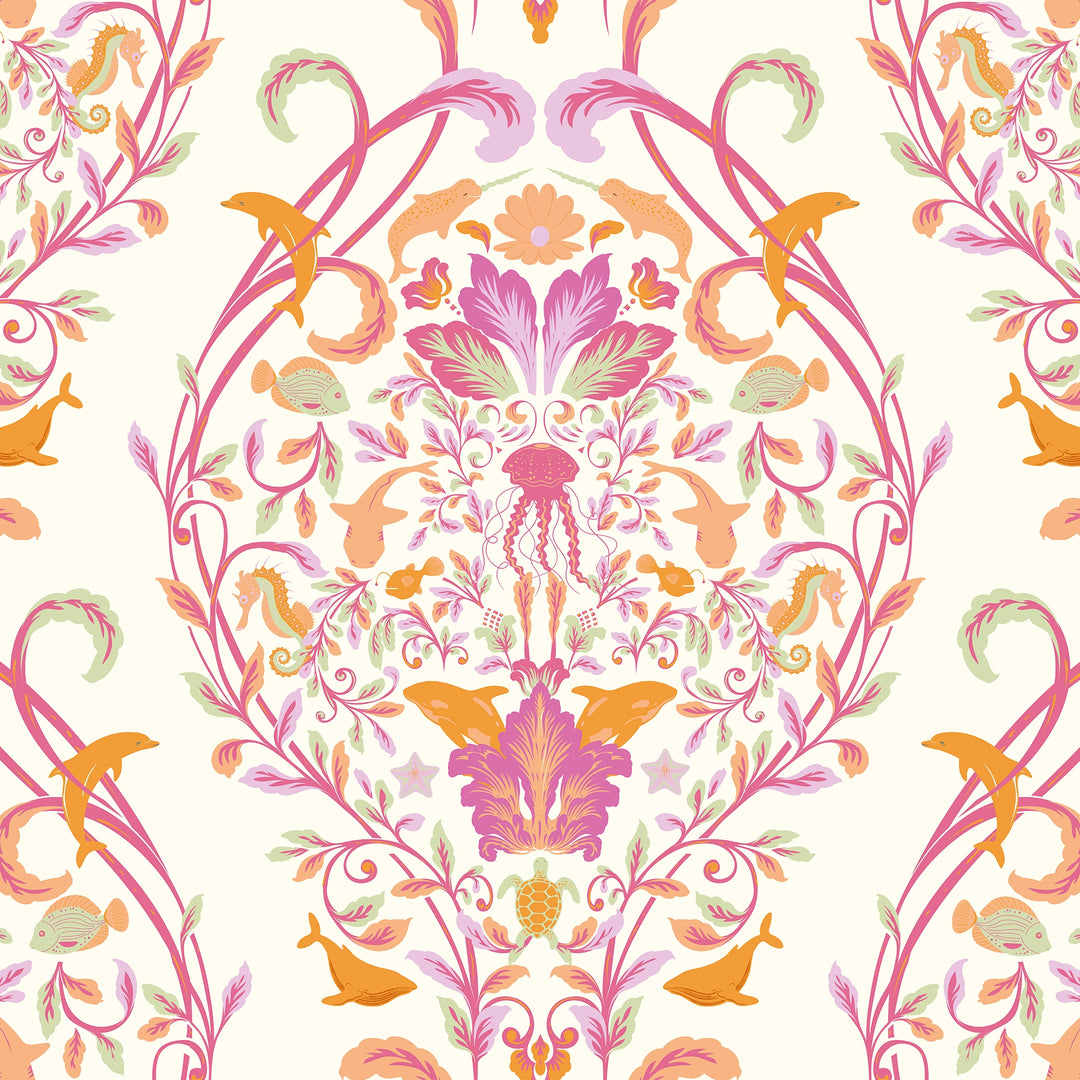 Fantastical Ocean Wallpaper in Raspberry and Orange Fizz on Vintage Cream