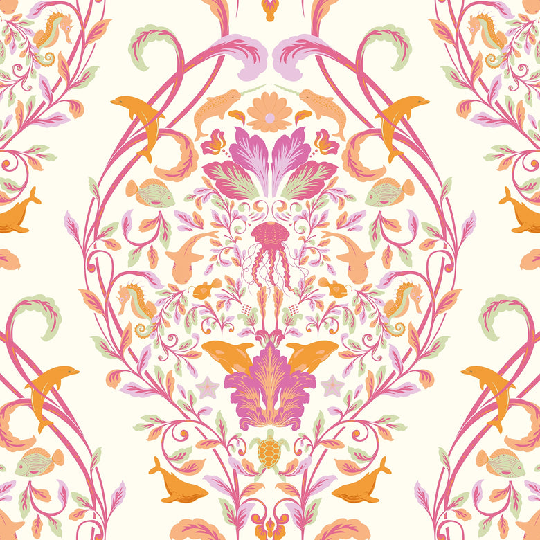 Fantastical Ocean Wallpaper in Raspberry and Orange Fizz on Vintage Cream