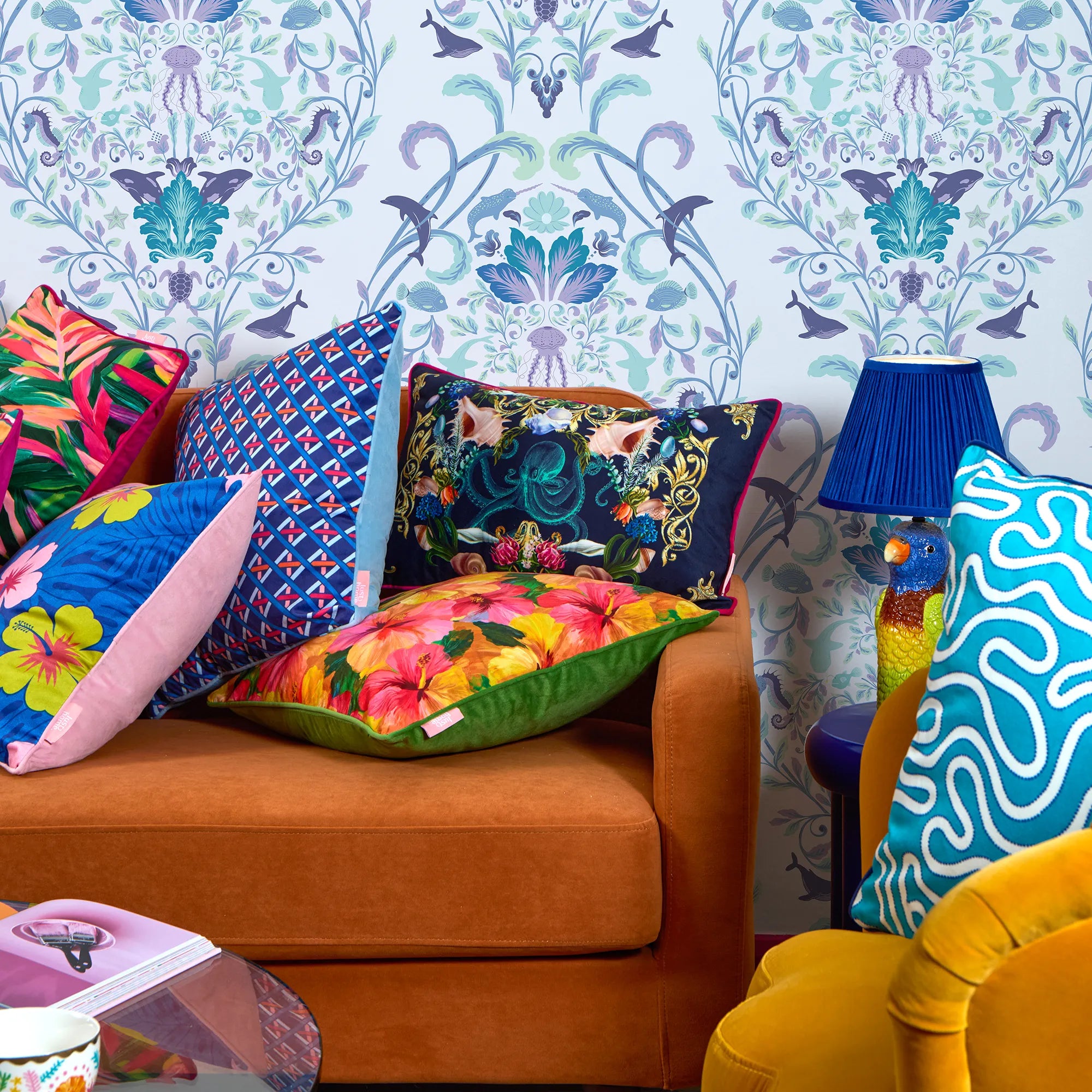 Fantastical Ocean Wallpaper in Teal and Blue on Sky Blue