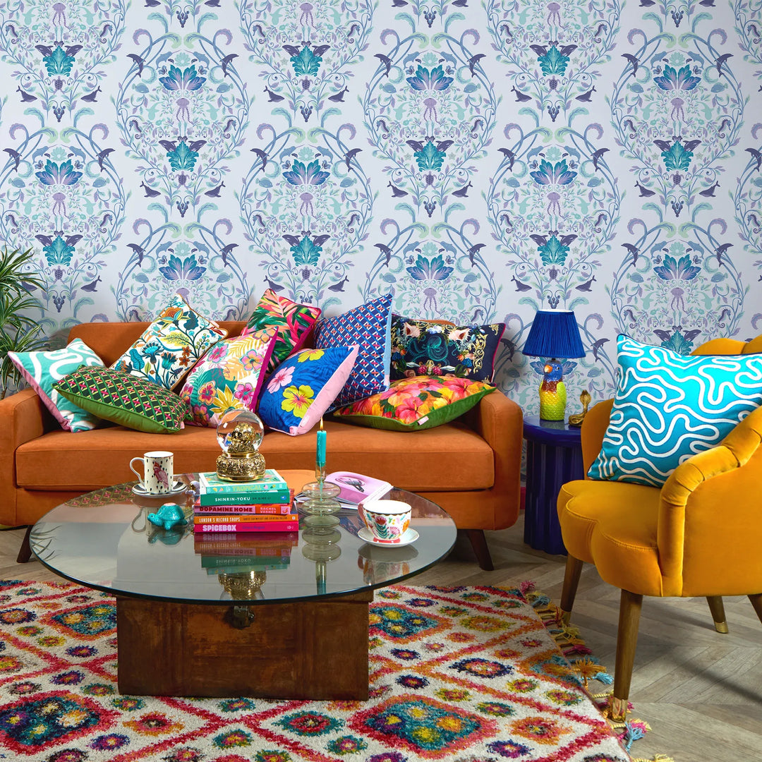 Fantastical Ocean Wallpaper in Teal and Blue on Sky Blue