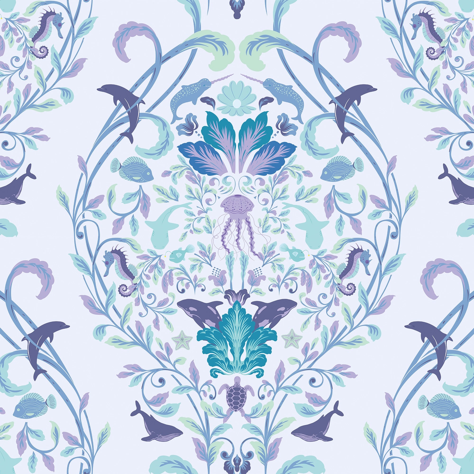 Fantastical Ocean Wallpaper in Teal and Blue on Sky Blue