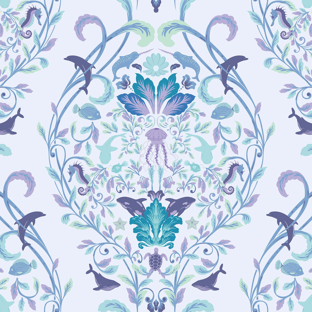 Fantastical Ocean Wallpaper in Teal and Blue on Sky Blue