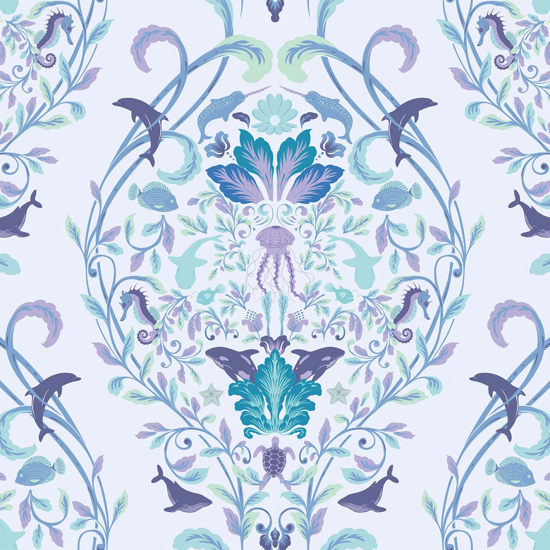 Fantastical Ocean Wallpaper in Teal and Blue on Sky Blue