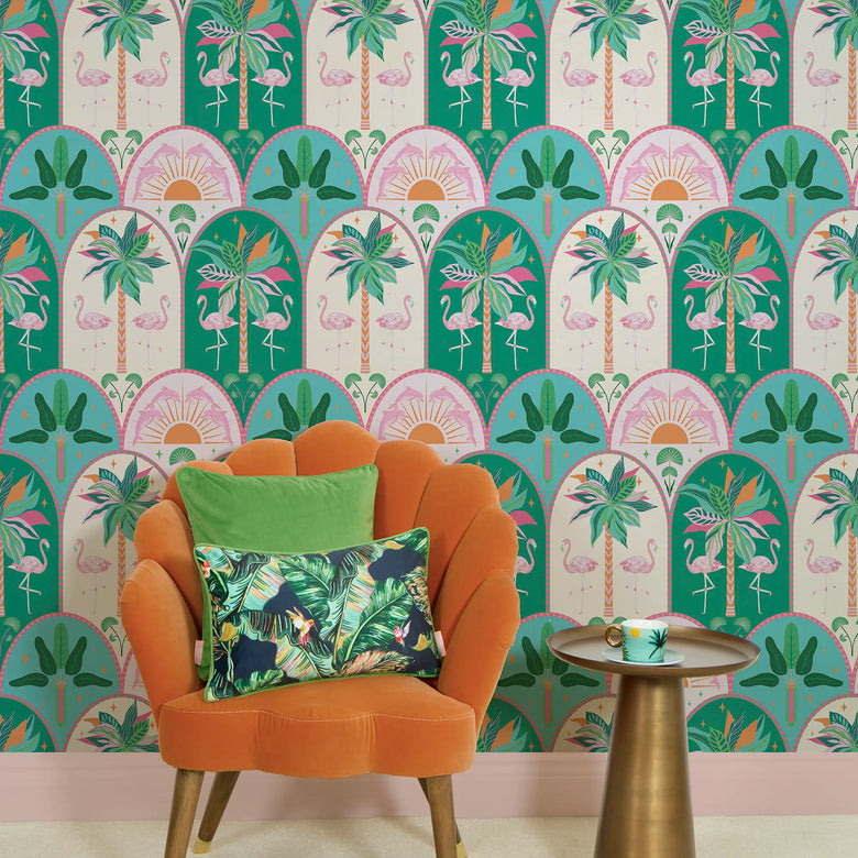 Flamazing Flamingo Wallpaper in Pinks, Greens and Orange