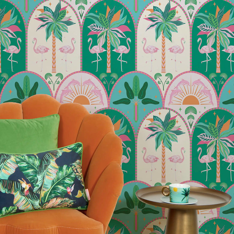 Flamazing Flamingo Wallpaper in Pinks, Greens and Orange