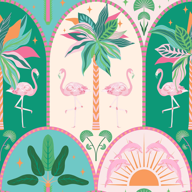 Flamazing Flamingo Wallpaper in Pinks, Greens and Orange