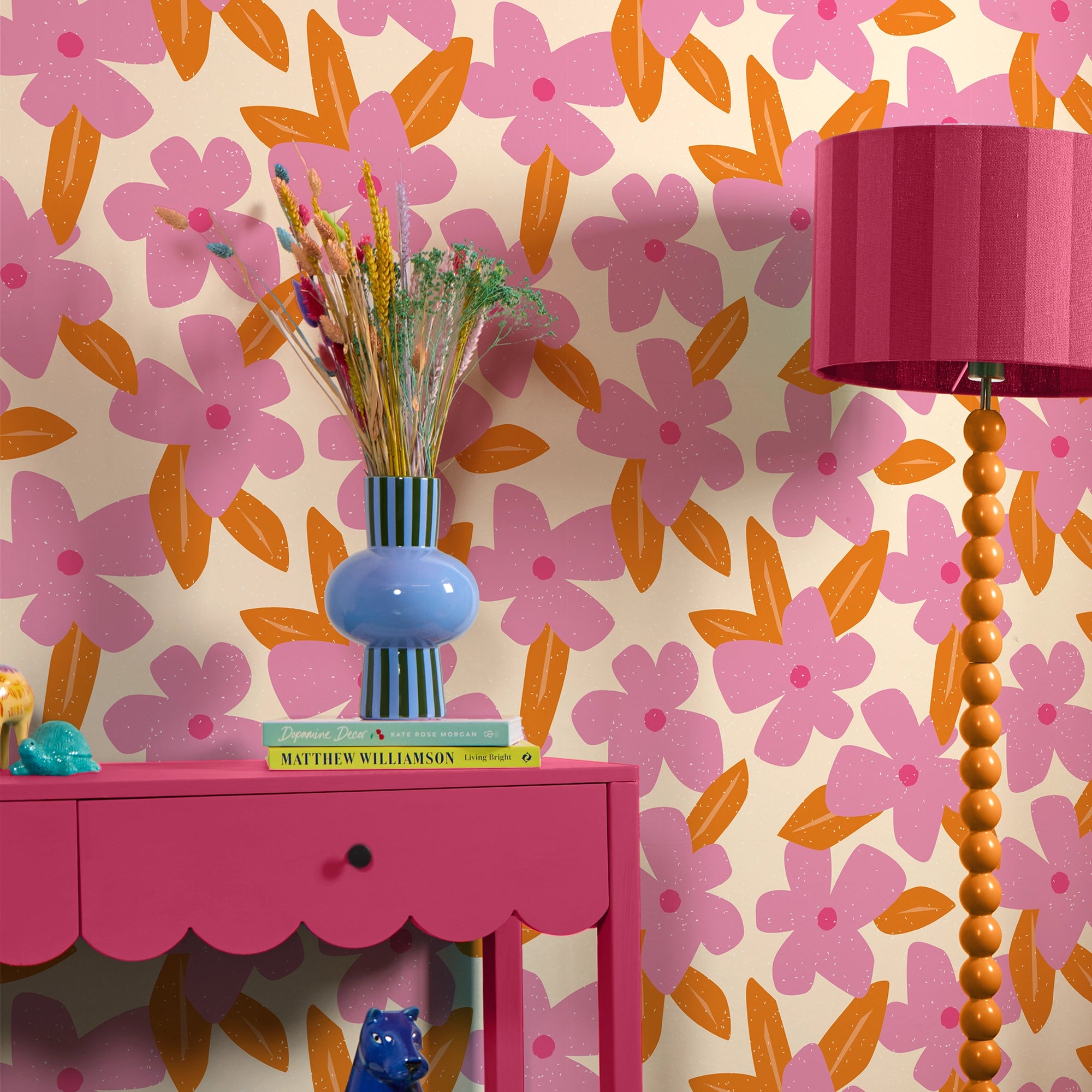 Flower Bomb Wallpaper in Pink, Raspberry and Orange Fizz