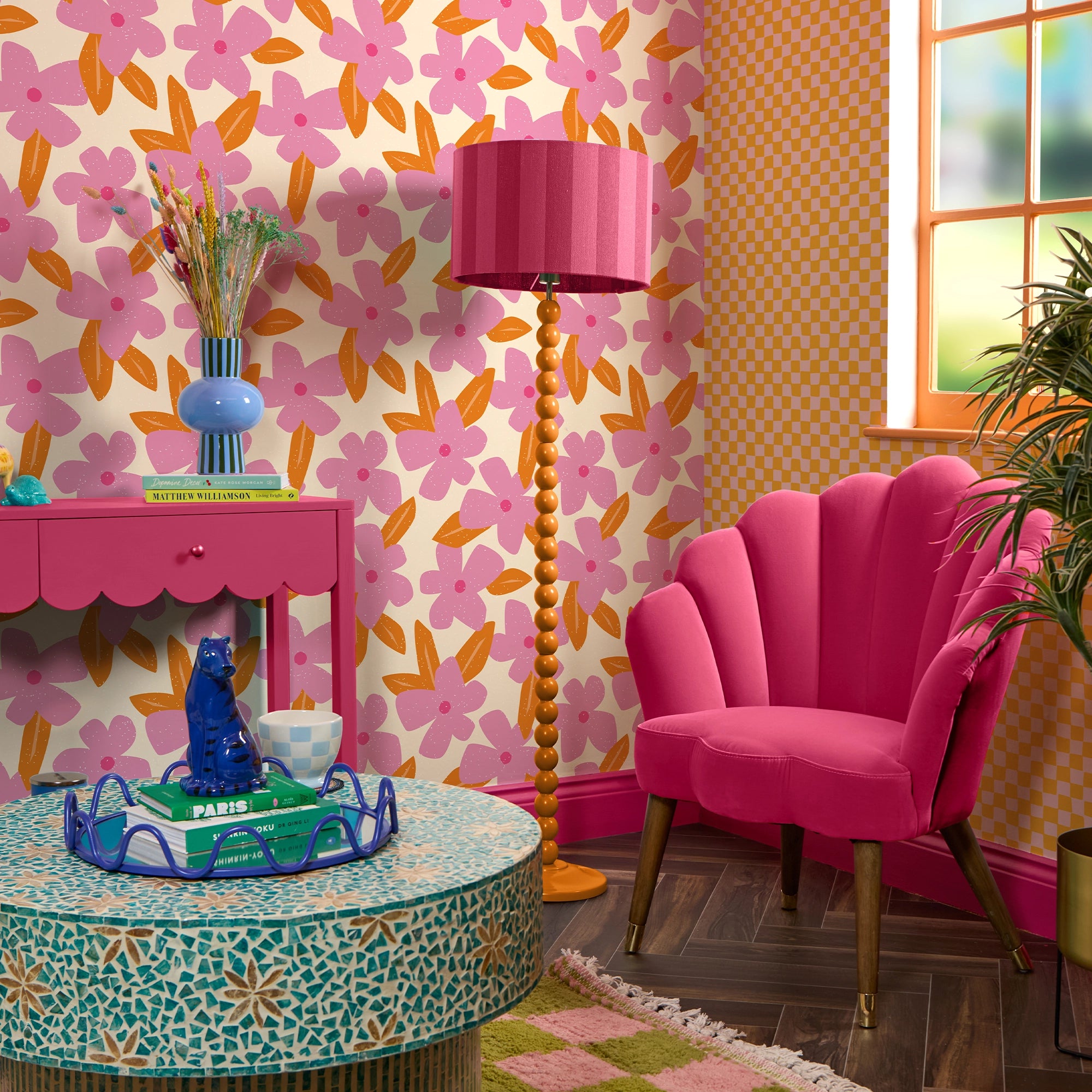 Flower Bomb Wallpaper in Pink, Raspberry and Orange Fizz