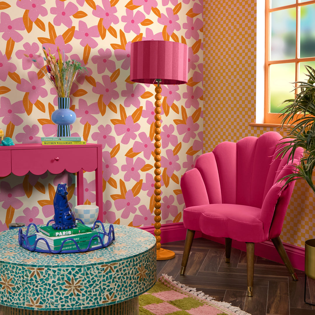 Flower Bomb Wallpaper in Pink, Raspberry and Orange Fizz