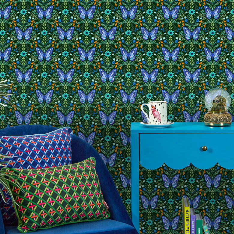 Flutter and Fleur Wallpaper in Blues and Greens on Deep Green