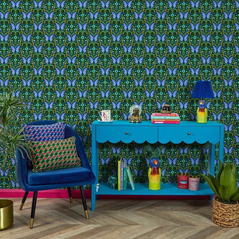 Flutter and Fleur Wallpaper in Blues and Greens on Deep Green