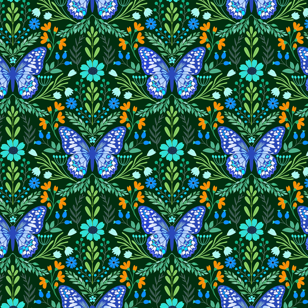 Flutter and Fleur Wallpaper in Blues and Greens on Deep Green