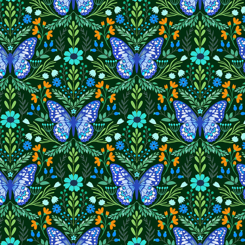Flutter and Fleur Wallpaper in Blues and Greens on Deep Green