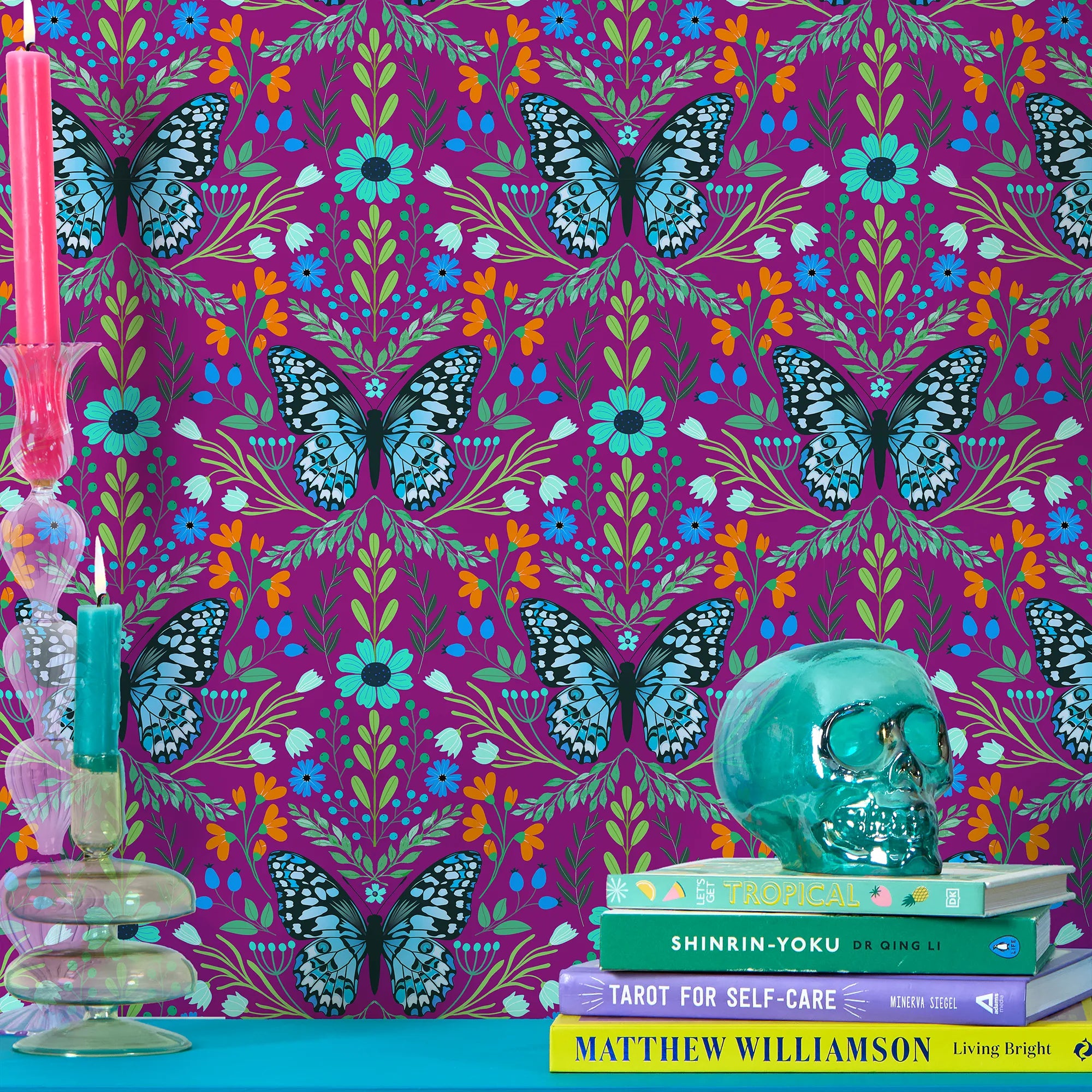 Flutter and Fleur Wallpaper in Blues and Greens on Velvet Plum
