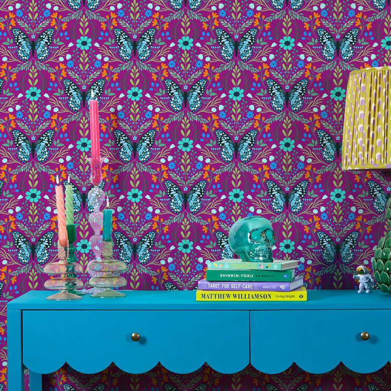 Flutter and Fleur Wallpaper in Blues and Greens on Velvet Plum