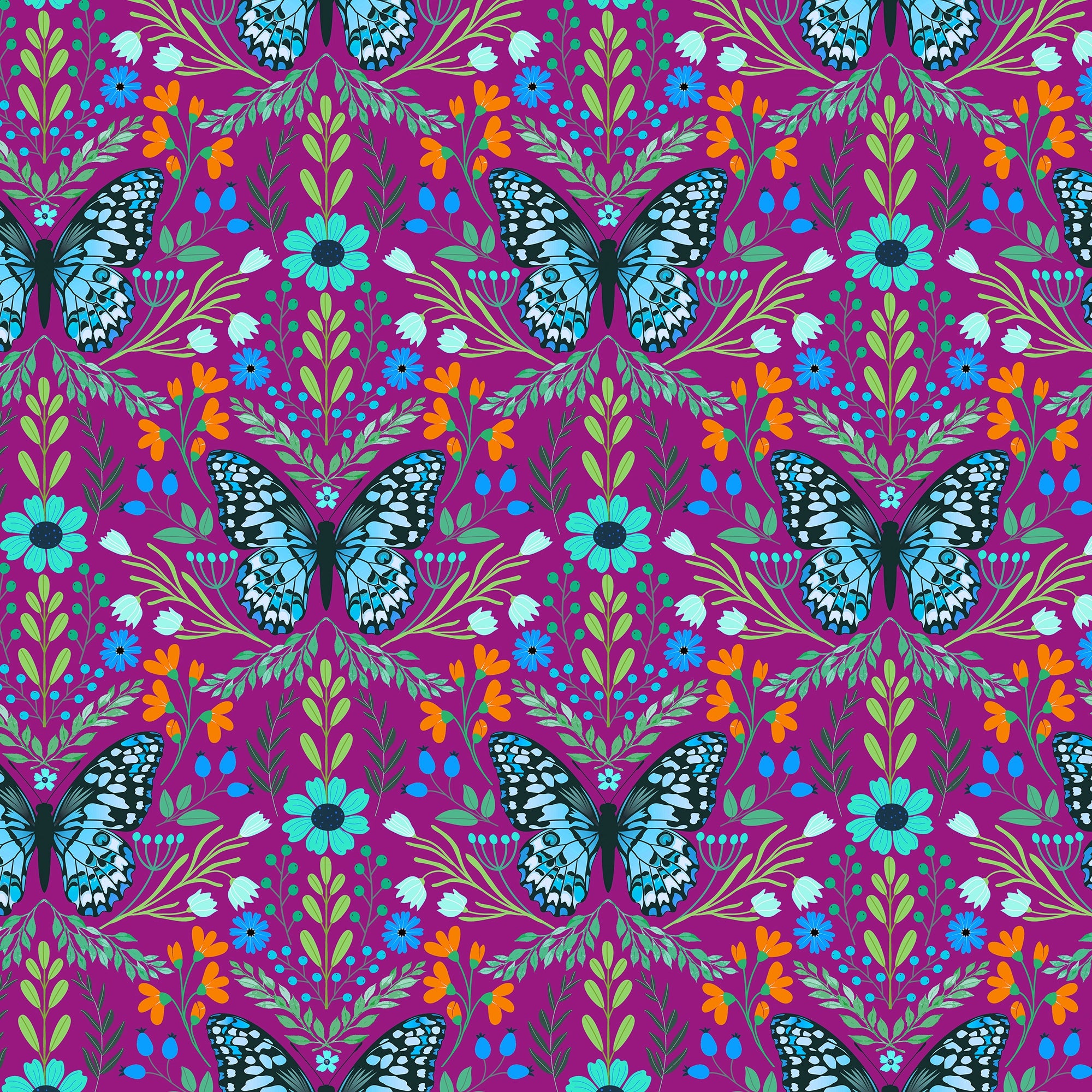Flutter and Fleur Wallpaper in Blues and Greens on Velvet Plum