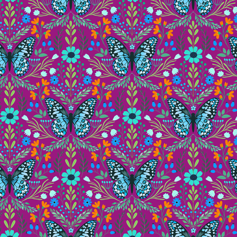 Flutter and Fleur Wallpaper in Blues and Greens on Velvet Plum