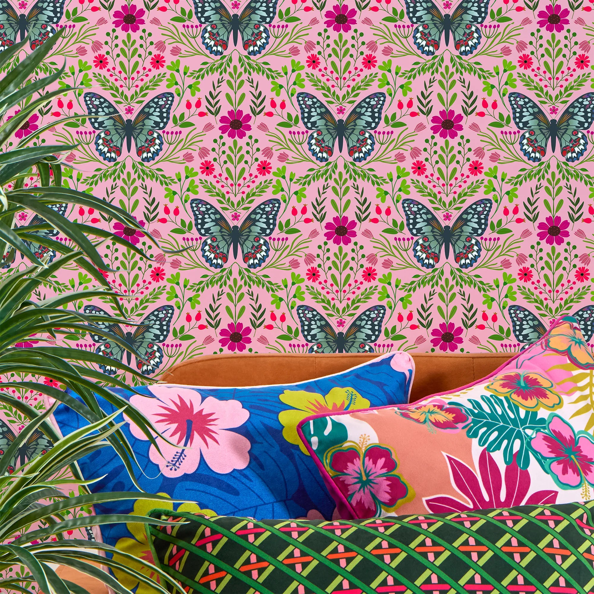Flutter and Fleur Wallpaper in Blues and Hot Pink on Sweet Pink