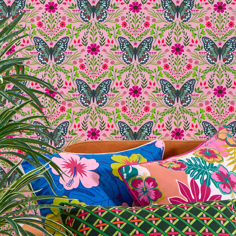 Flutter and Fleur Wallpaper in Blues and Hot Pink on Sweet Pink