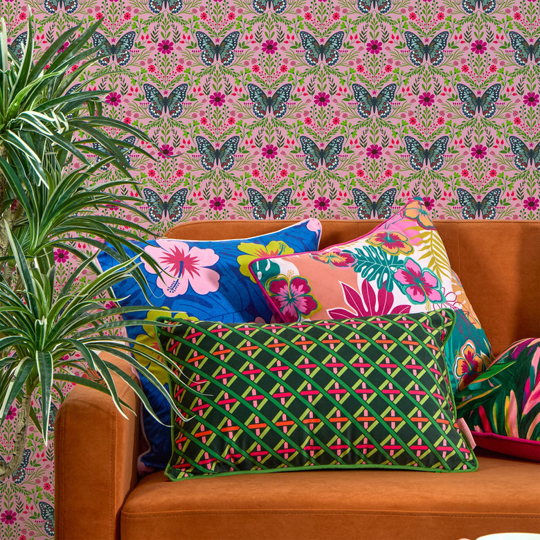 Flutter and Fleur Wallpaper in Blues and Hot Pink on Sweet Pink