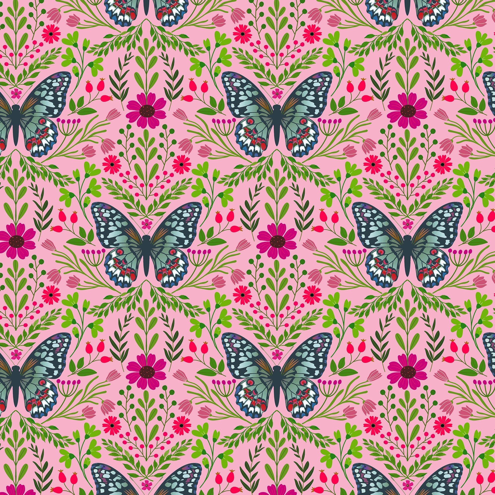 Flutter and Fleur Wallpaper in Blues and Hot Pink on Sweet Pink