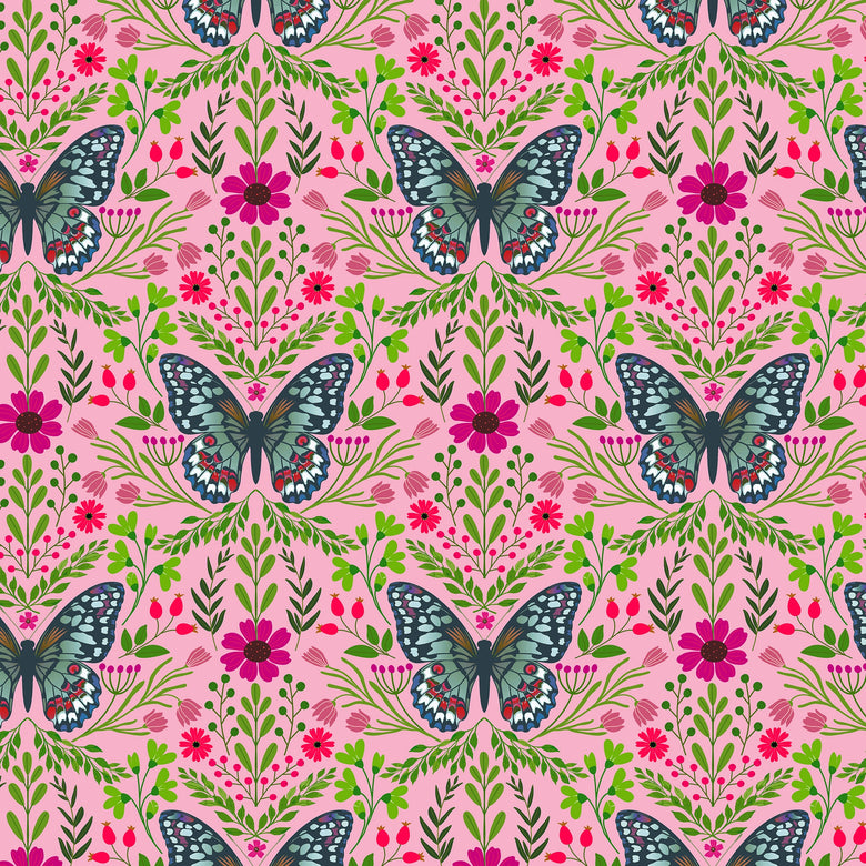 Flutter and Fleur Wallpaper in Blues and Hot Pink on Sweet Pink