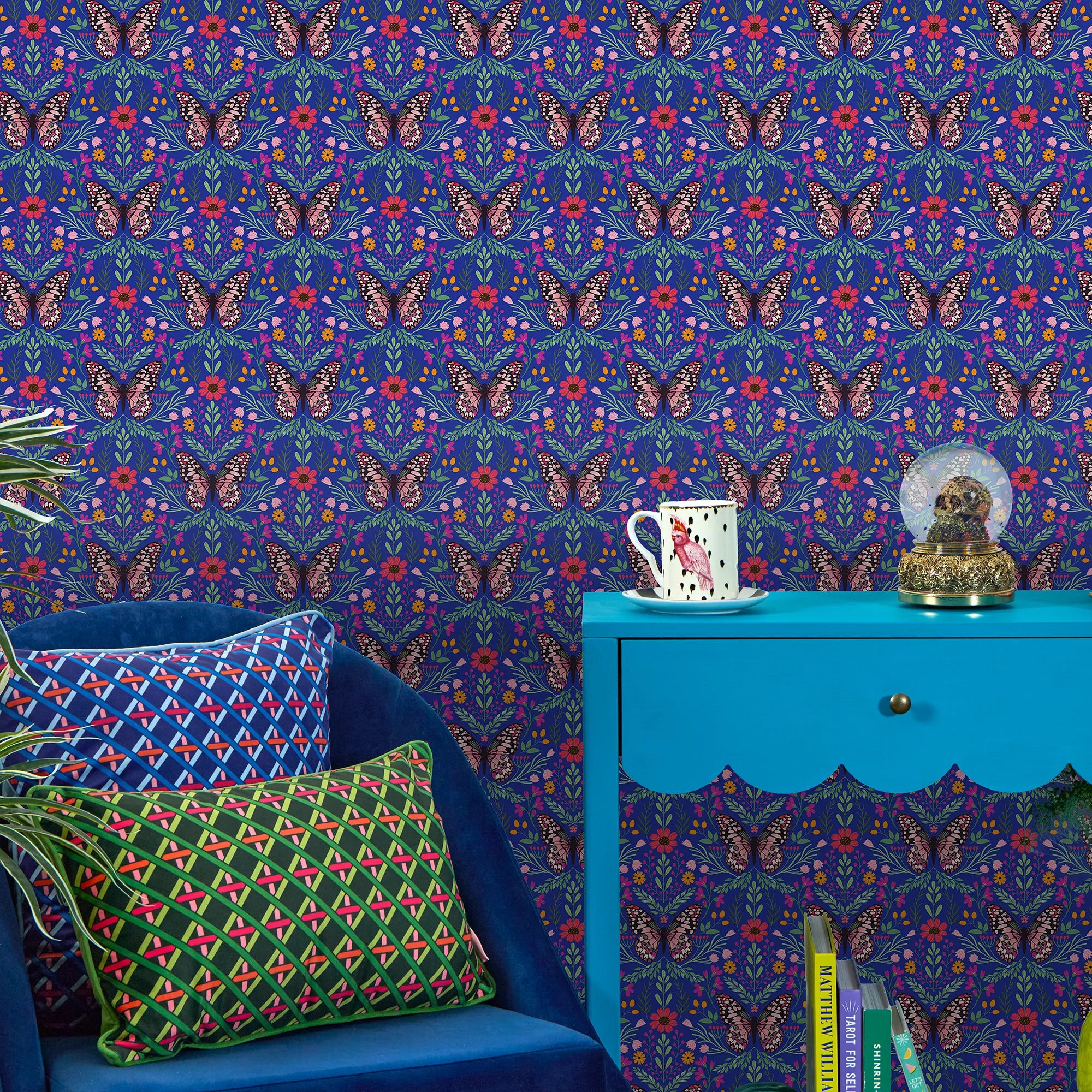 Flutter and Fleur Wallpaper in Pink and Greens on Royal Blue