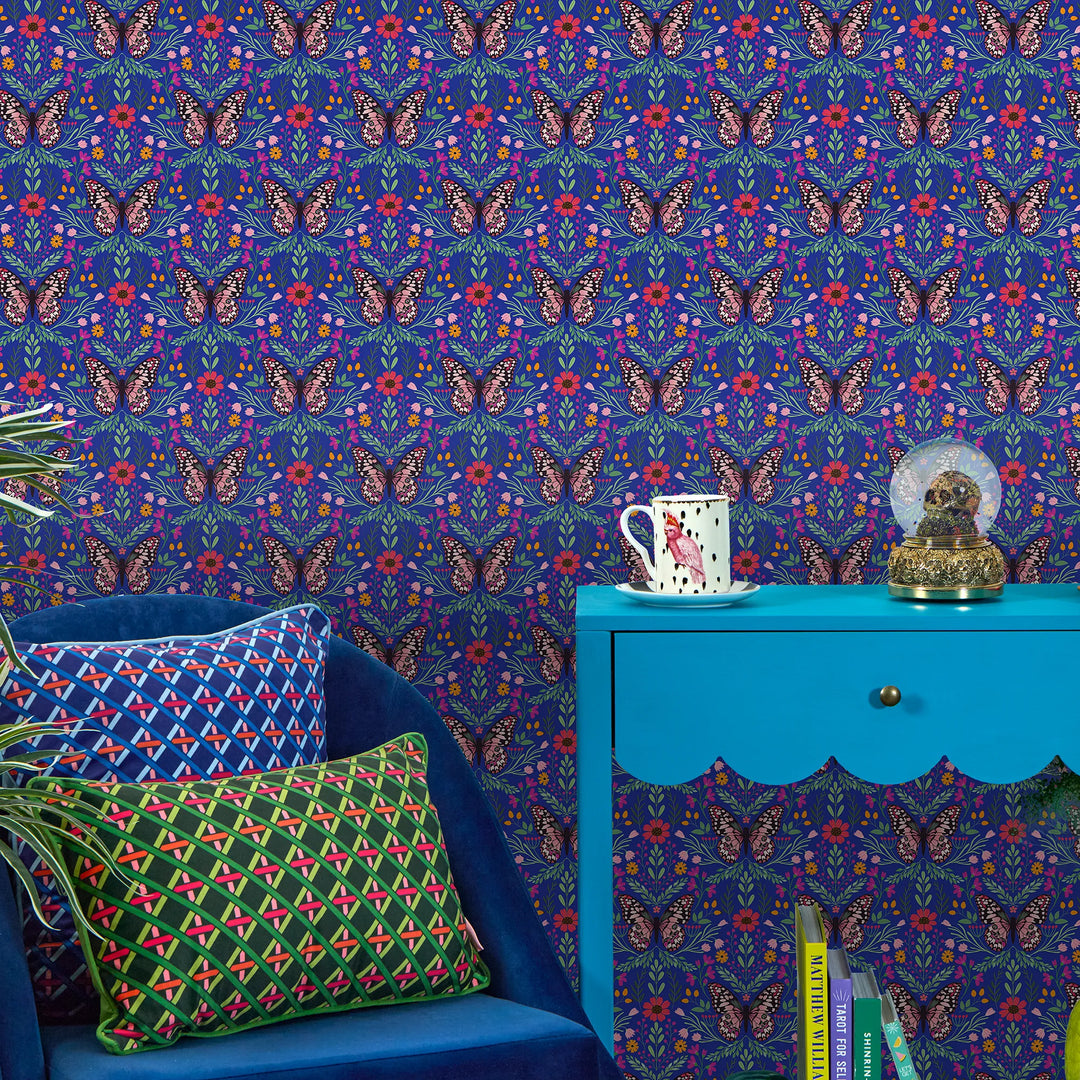 Flutter and Fleur Wallpaper in Pink and Greens on Royal Blue
