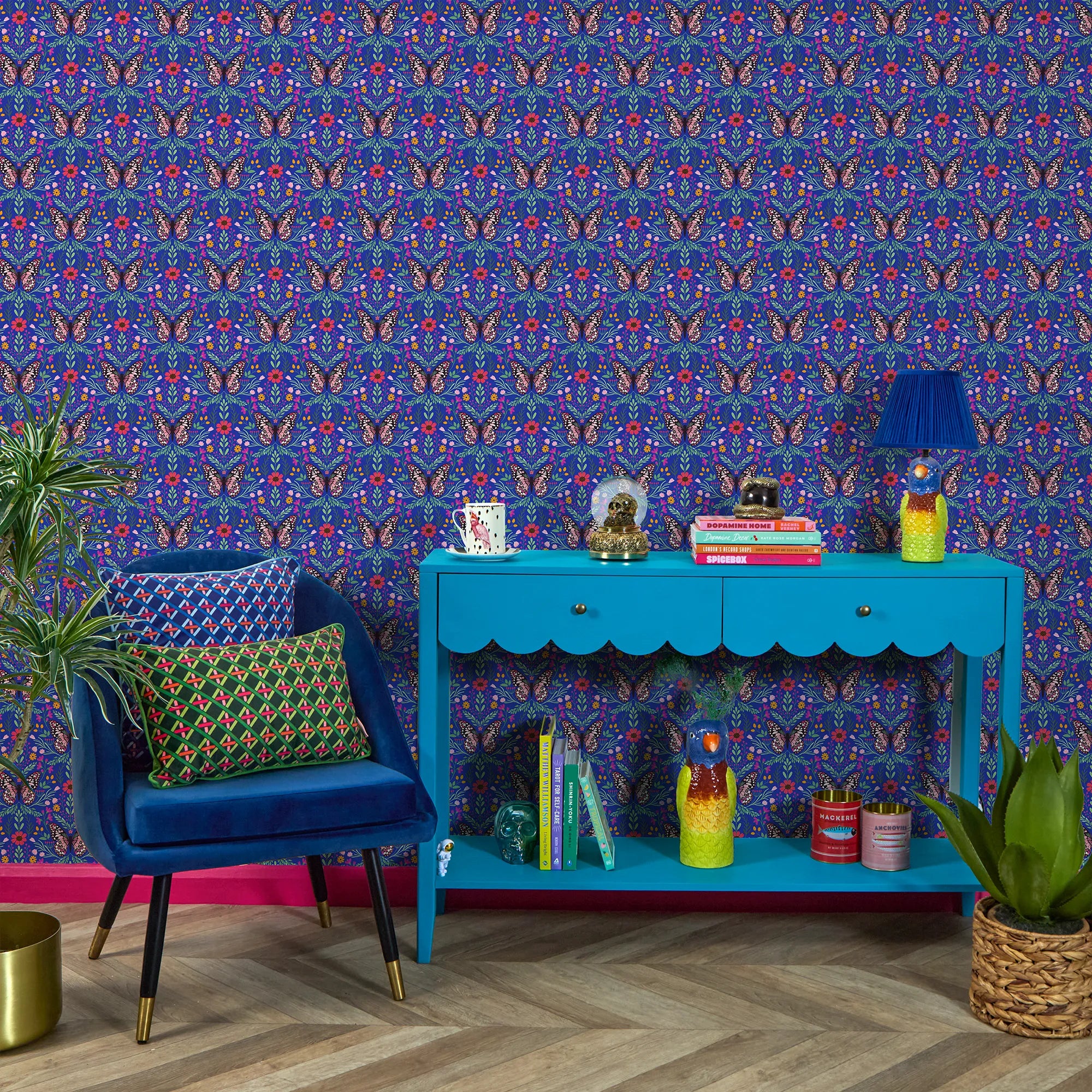 Flutter and Fleur Wallpaper in Pink and Greens on Royal Blue